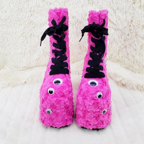 Hot Pink Furry Platform Monster Punk Ankle Boots - Picture 6 of 10